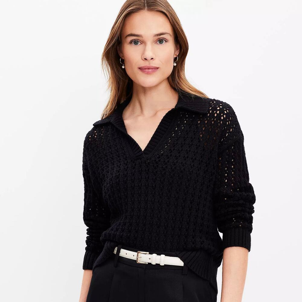 Ann Taylor LOFT Crochet 100% Cotton Black Polo Knit Sweater Pullover LARGE